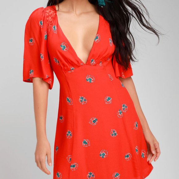 Free People Coral Red Floral Backless Mini Dress - Picture 3 of 4